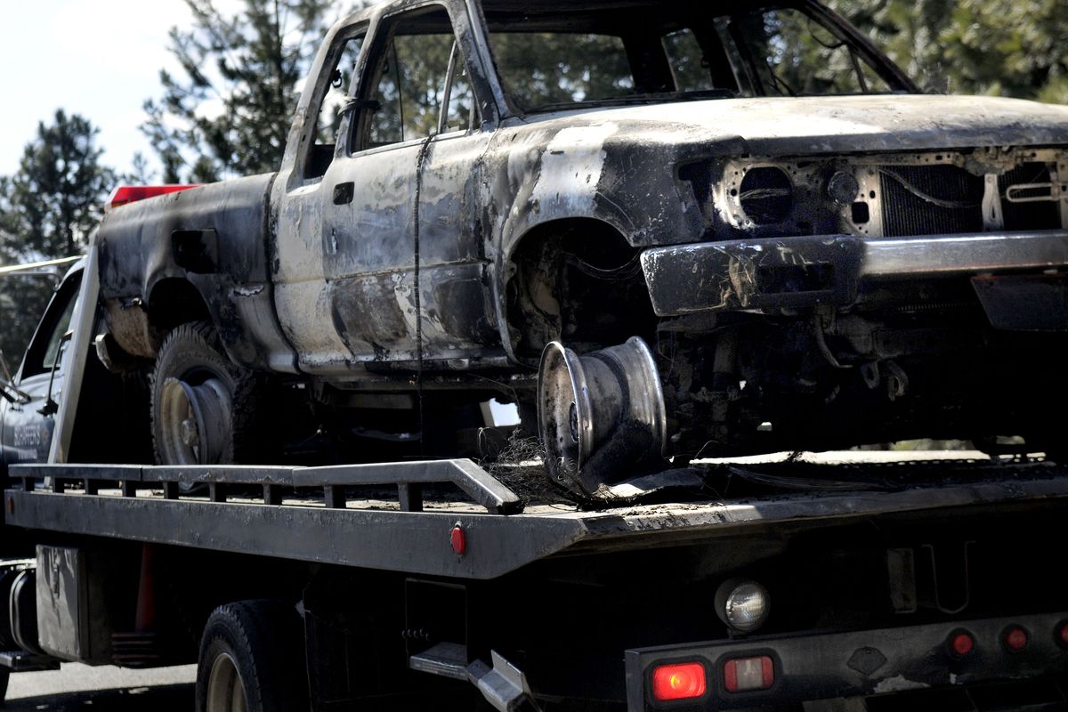 This burned-out truck belonging to Chad Moore was removed from the scene of his apparent suicide in Hayden on Wednesday.