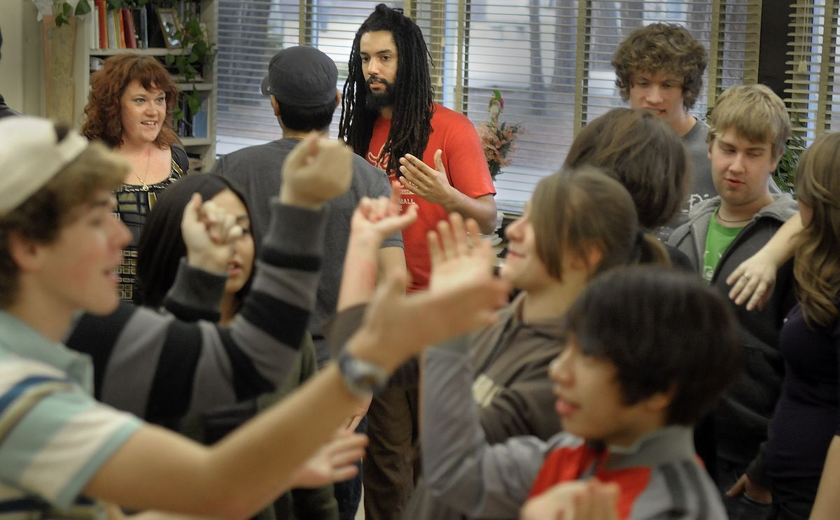 The Spokesman-Review Robin Corsberg and Matt Slater lead a workshop for the Ferris improve group The Thesparados. (CHRISTOPHER ANDERSON / The Spokesman-Review)