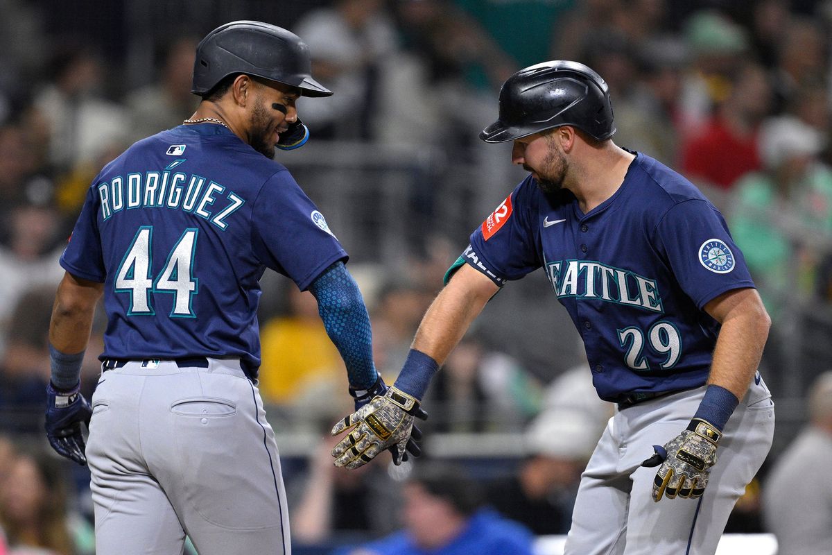Julio Rodriguez, left, and Cal Raleigh will be the driving force of the Mariners offense again this season, as they try to reach their first World Series.  (Tribune News Service)