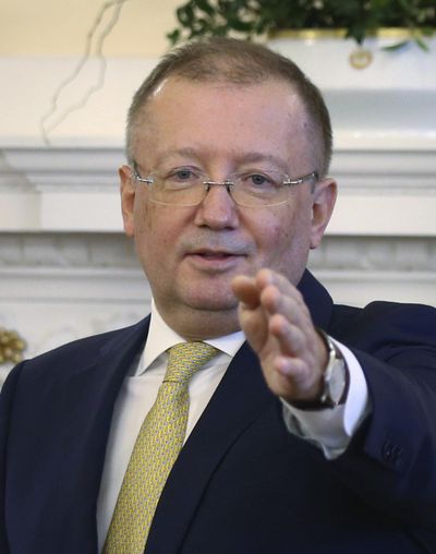 Russian ambassador to the U.K., Alexander Yakovenko, speaks about the recent Salisbury poisoning incident, during a news conference at the Russian Embassy in London, Thursday April 5, 2018. (Yui Mok / Associated Press)