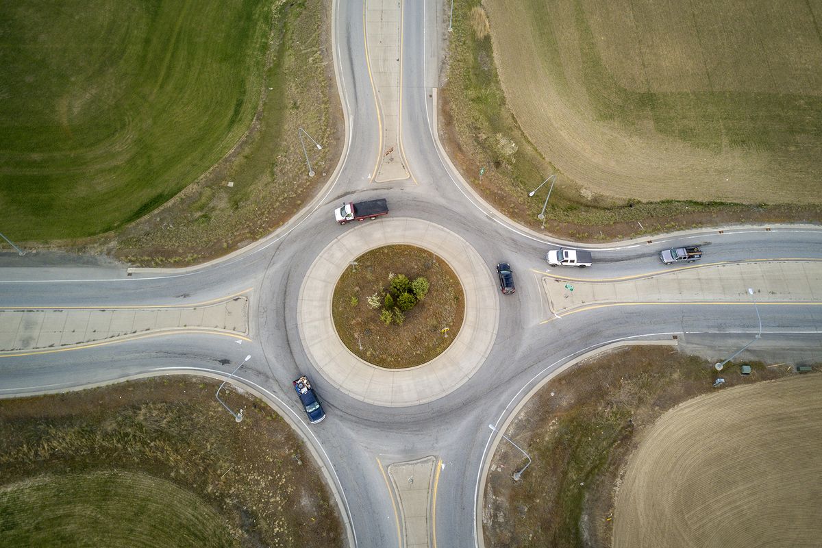 Looking down at the roundabout at Bruce Road and Mount Spokane Park Drive, also called state Highway 206, shows one of the busiest rural roundabouts in the area, which is used by people headed to Mount Spokane and Greenbluff.  (Jesse Tinsley/THE SPOKESMAN-REVIEW)