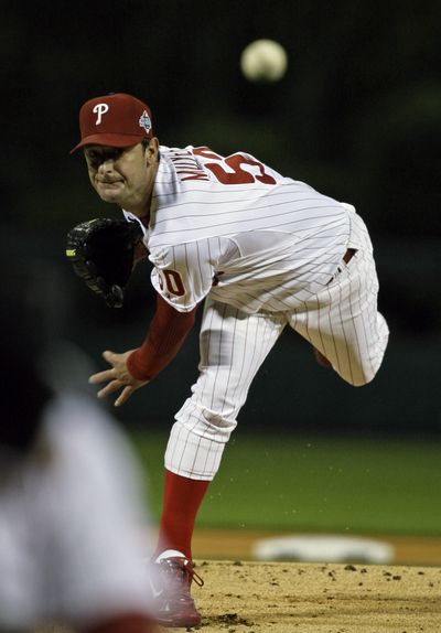 Philadelphia’s Jamie Moyer worked into the seventh and left with a lead.  (Associated Press / The Spokesman-Review)