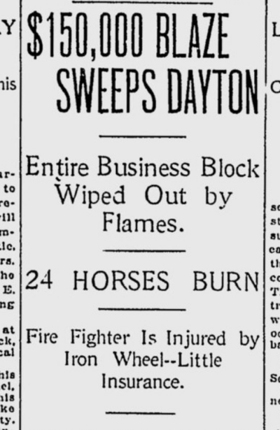 A firefighter received broken ribs and Dayton’s farm machine repair shops were destroyed in a blaze on this date 100 years ago.  (S-R archives)
