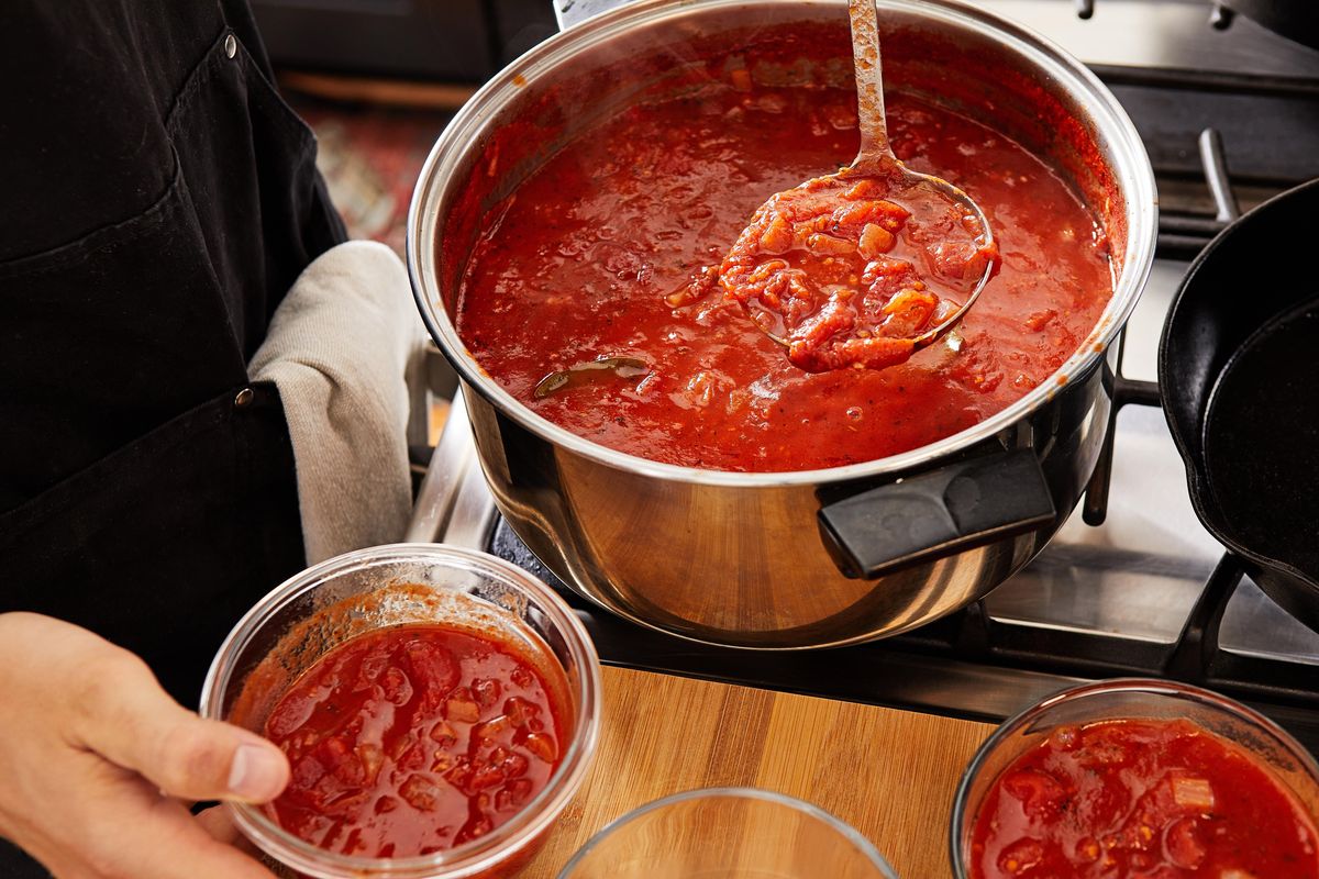 Big-Batch, Pantry-Friendly Tomato Sauce is simple and meant to be used as a base from which to build meals. (Tom McCorkle / For The Washington Post)