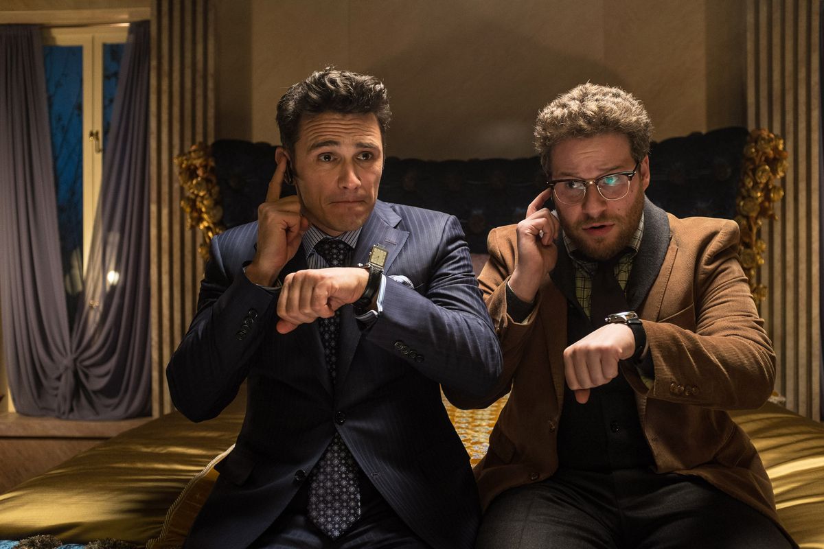 A film clip shows James Franco, left, as Dave and Seth Rogen as Aaron in a scene from Sony Pictures’ “The Interview.” (Associated Press)