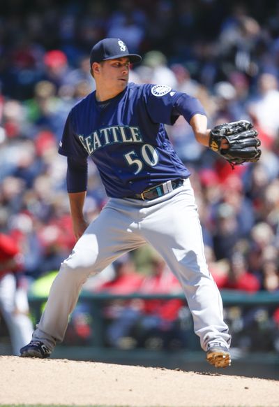 Mariners starting pitcher Erik Swanson delivers against the Cleveland Indians during the first inning Sunday, May 5, 2019, in Cleveland. (Ron Schwane / Associated Press)