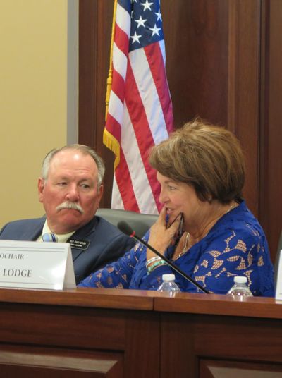 Idaho Rep. Fred Wood, R-Burley, left, confers with Sen. Patti Anne Lodge, R-Huston, during a meeting of the Idaho Legislature’s ethics and campaign finance work group, which the two co-chair, on Monday, Aug. 28, 2017 at the Idaho state Capitol. (Betsy Z. Russell)