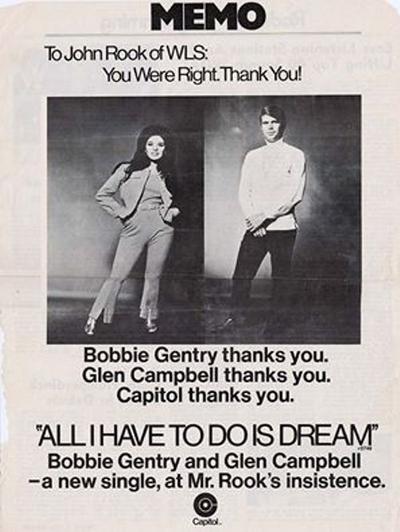 This display ad posted on John Rook's Facebook wall last year shows an old trade magazine advertisement from singers Bobbie Gentry and Glen Campbell thanking Rook for radio play that generated excitement for their music.