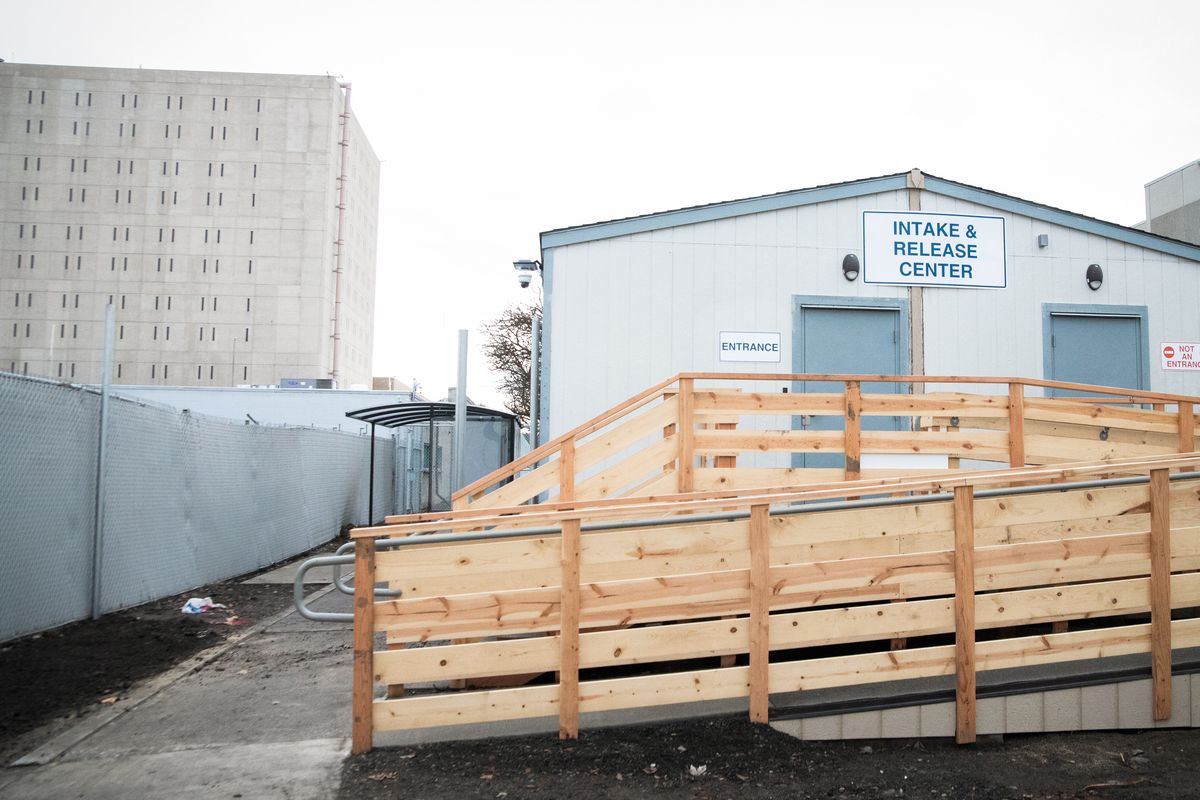 The exterior of the new Spokane County intake and release center is seen Monday just northwest of the Spokane County Jail at the edge of the public safety campus.  (Libby Kamrowski/The Spokesman-Review)