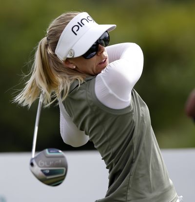 Pernilla Lindberg, of Sweden, hits from the the sixth tee during the final round of the LPGA Tour ANA Inspiration golf tournament at Mission Hills Country Club in Rancho Mirage, Calif., Sunday, April 1, 2018. (Alex Gallardo / Associated Press)