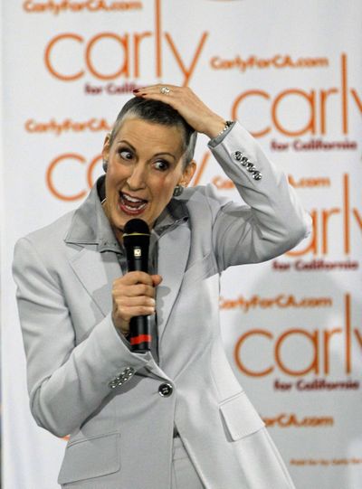 Carly Fiorina, who recently completed breast cancer treatment, comments on her hair before announcing her Senate bid.  (Associated Press / The Spokesman-Review)