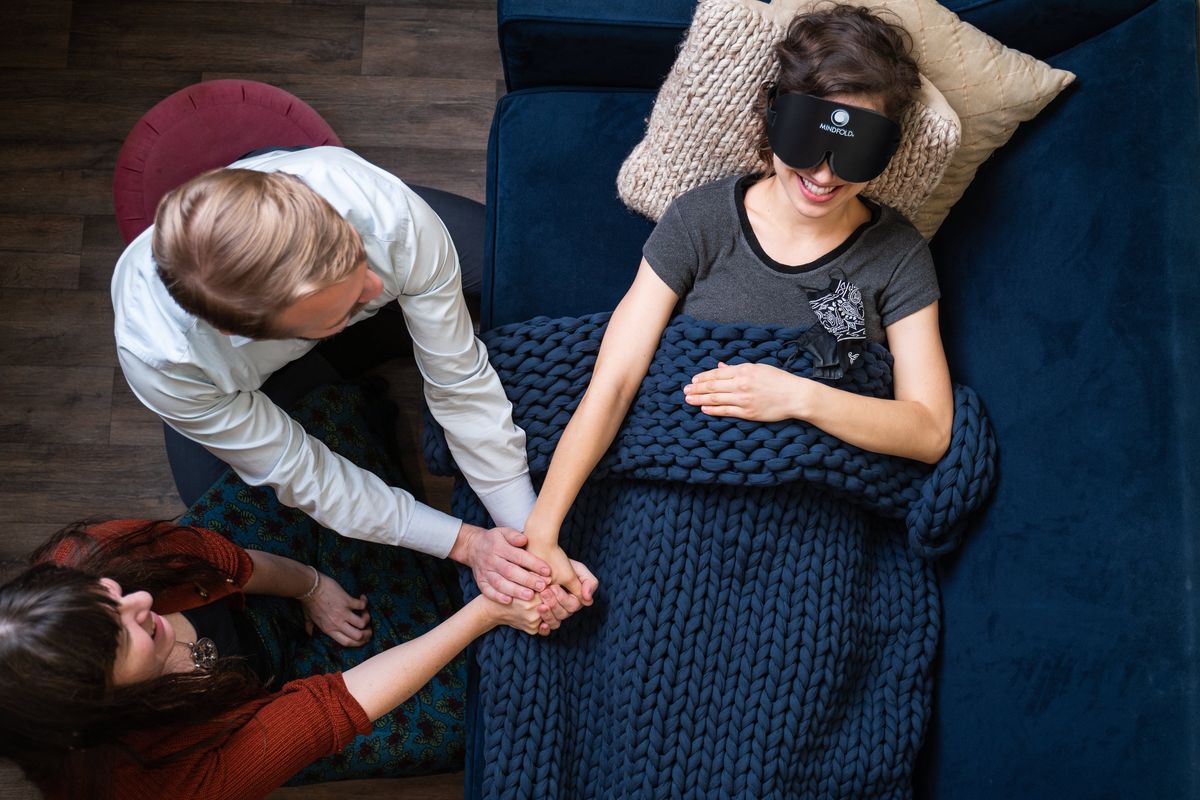 A patient undergoes a psychedelic therapy session.  (Courtesy Cybin)