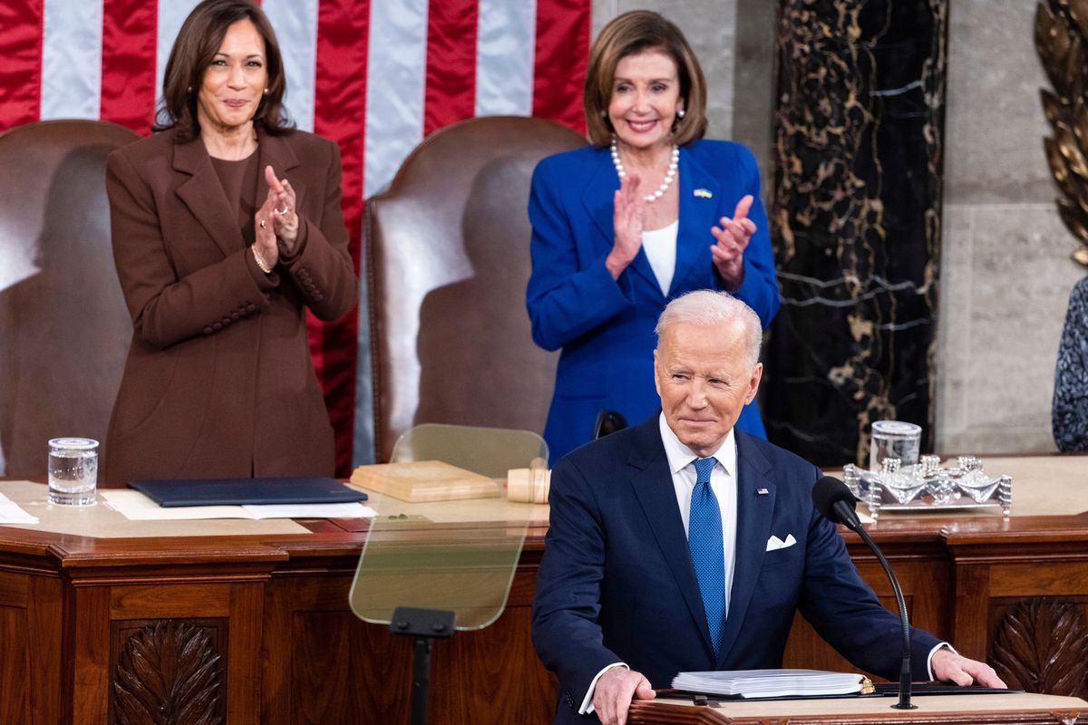 President Joe Biden delivers his first State of the Union address to a joint session of Congress at the Capitol on Tuesday in Washington, D.C., as Vice President Kamala Harris and House speaker Nancy Pelosi, of California, applaud.  (Jim Lo Scalzo)