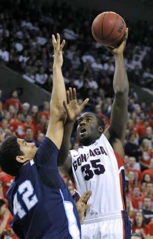 Gonzaga's Sam Dower was 6 for 6 in the first half against San Diego and Chris Gabriel (42) on Jan 29, 2011. (Dan Pelle / The Spokesman-Review)
