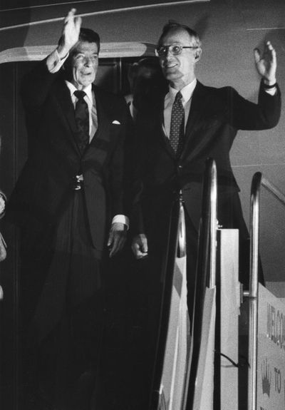 Ronald Reagan and Slade Gorton greet a Spokane crowd on Oct. 31, 1986.