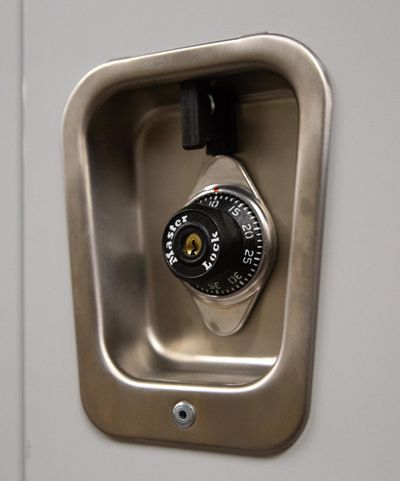 The combination dial on a brand new locker is seen at North Pines Middle School in the Central Valley School District on Aug. 23, 2018. Classes in the district will not be held Monday, as other area districts brace for an extended break due to spread of the coronavirus. (Libby Kamrowski / The Spokesman-Review)