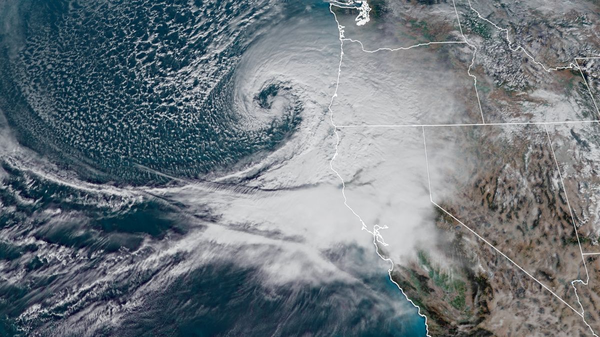 NASA’s satellite imagery taken Nov. 26, 2019, shows a record-breaking “bomb cyclone” beginning to churn across the Western U.S. As the storm system moved eastward, the hardest hit states were Oregon, California, Nevada and Colorado.  (NASA)