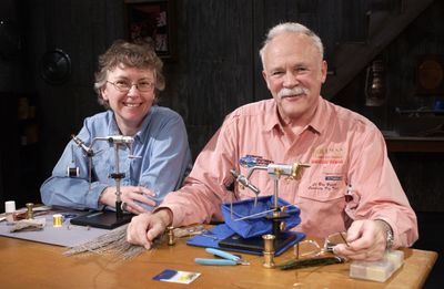 Carolyn Sells of Spokane and LeRoy Hyatt of Lewiston on set of Fly Tying: The Anglers Art series begins next week. Photo courtesy of KWSU-TV (Photo courtesy of KWSU-TV / The Spokesman-Review)