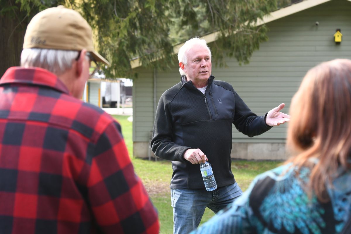 Incumbent Conservative Party Member of Parliament Rob Morrison gives a stump speech for his re-election campaign Wednesday, April 23, 2025, at a barbecue in Salmo, B.C. (James Hanlon/The Spokesman-Review)