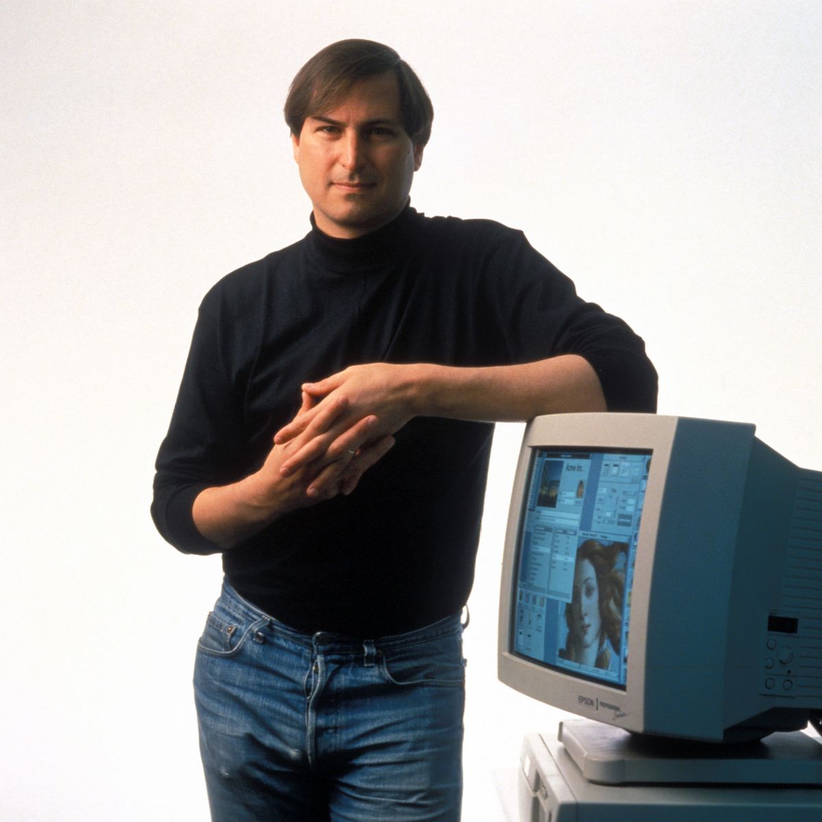 Steve Jobs, 39, CEO and co-founder of Apple Computer Corporation, in 1994. Jobs is leaning on a monitor, which is on top of his then-newest product : the Apple Power Macintosh 6100, a revolutionary workstation-class personal computer line.   (Robert Holmgren/ZUMA Wire/TNS)