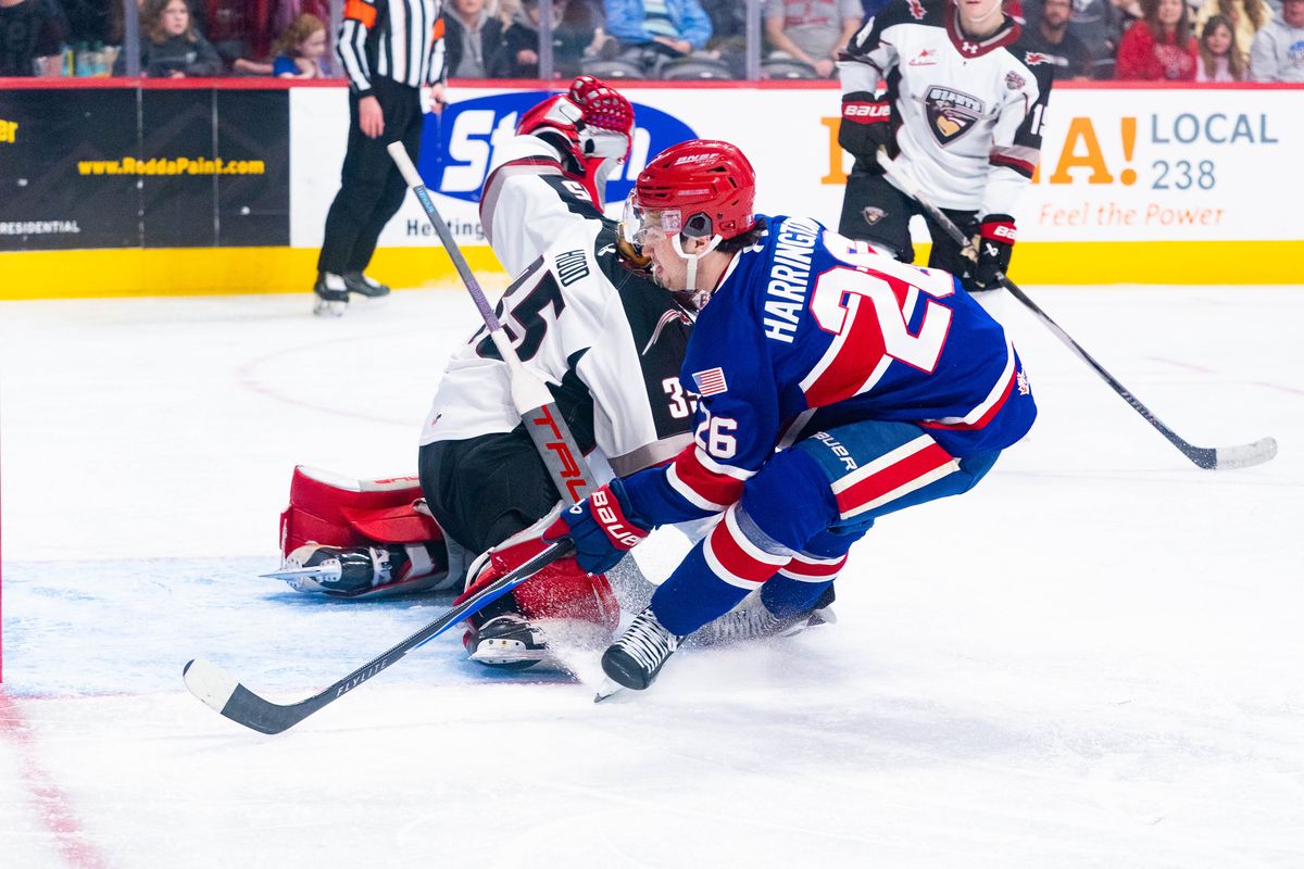 Spokane Chiefs forward Chase Harrington scores one of his two goals against the Vancouver Giants on Feb. 20, 2026 at the Arena. The Chiefs won 6-1. (Larry Brunt)