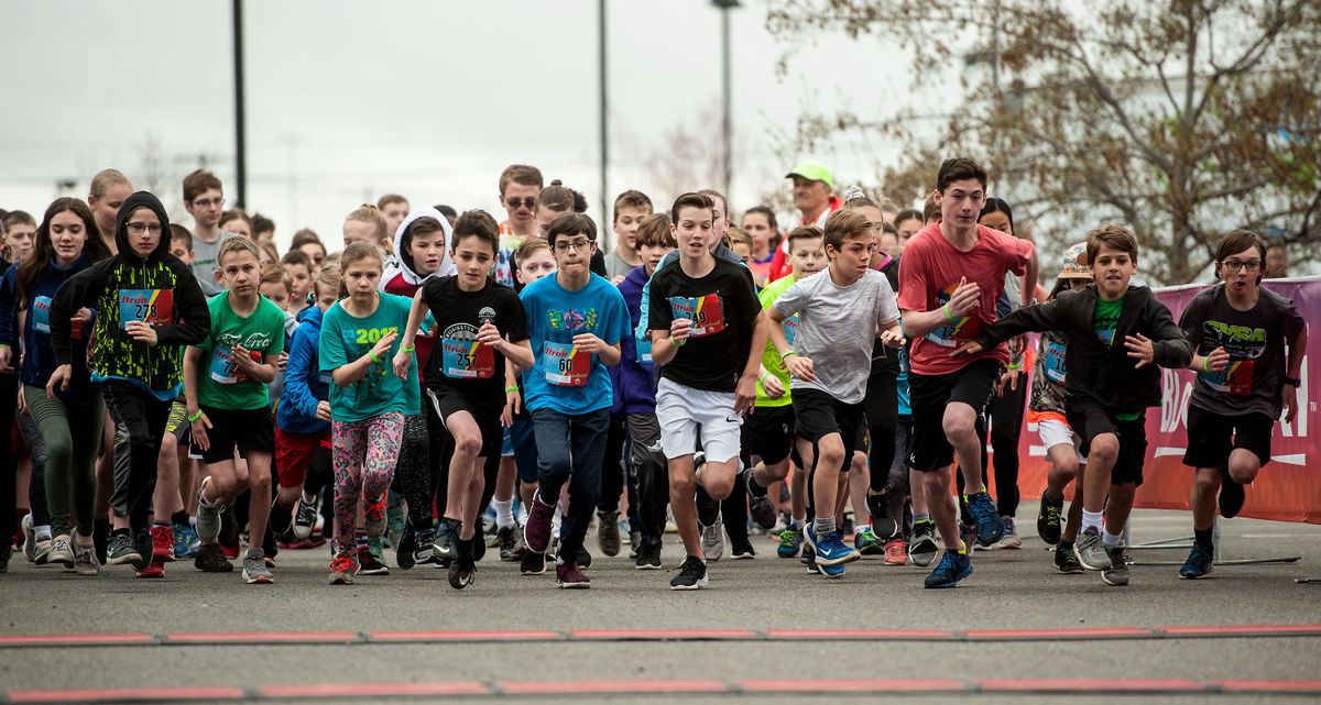 Junior Bloomsday runners take off from the start line at Avista Stadium in Spokane on Saturday, April 20, 2019. (Kathy Plonka / The Spokesman-Review)
