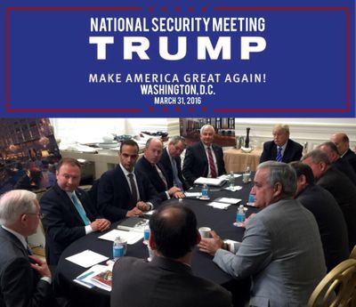 In this photo from President Donald Trump's Twitter account, George Papadopoulos, third from left, sits at a table with then-candidate Trump and others at what is labeled at a national security meeting in Washington that was posted on March 31, 2016. (Associated Press)