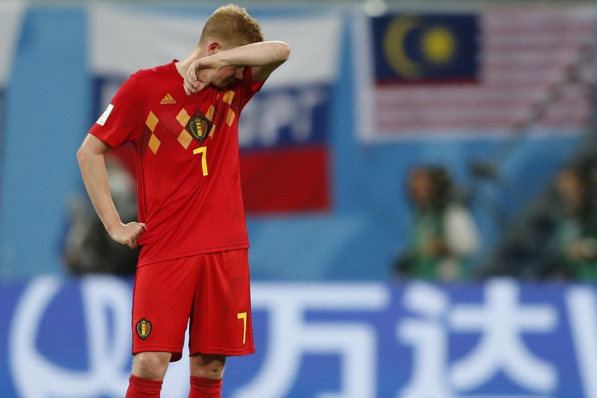 Belgium’s Kevin De Bruyne reacts on the field after the semifinal match between France and Belgium at the World Cup in the St. Petersburg Stadium in St. Petersburg, Russia, on Tuesday. (Frank Augstein / Associated Press)