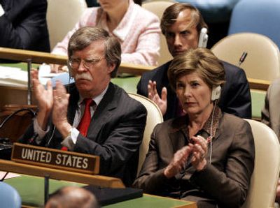 
First lady Laura Bush and U.S. Ambassador to the U.N. John Bolton applaud a speaker Friday at the General Assembly High Level Meeting on AIDS at the United Nations in New York. 
 (Associated Press / The Spokesman-Review)