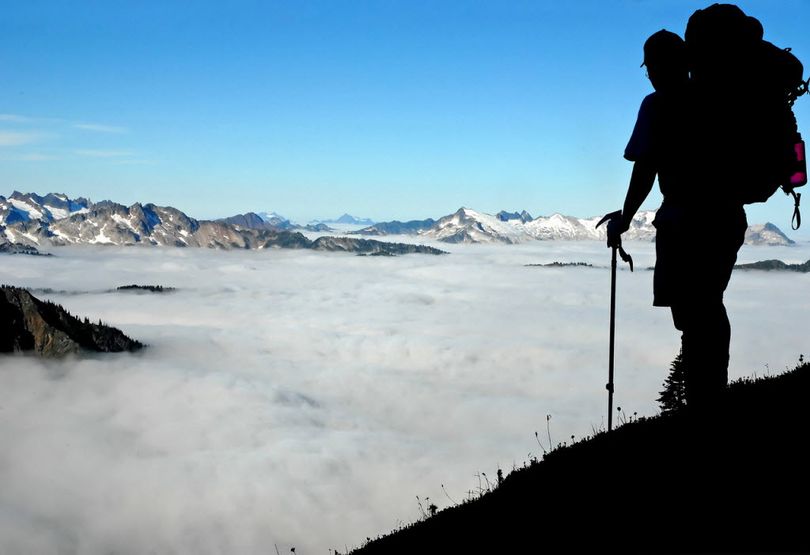 A climber overlooks the North Cascades, an area dear to the heart of Harvey Manning, the author featured in the documentary film, The Irate Birdwatcher. 
 (Jason Hummel)