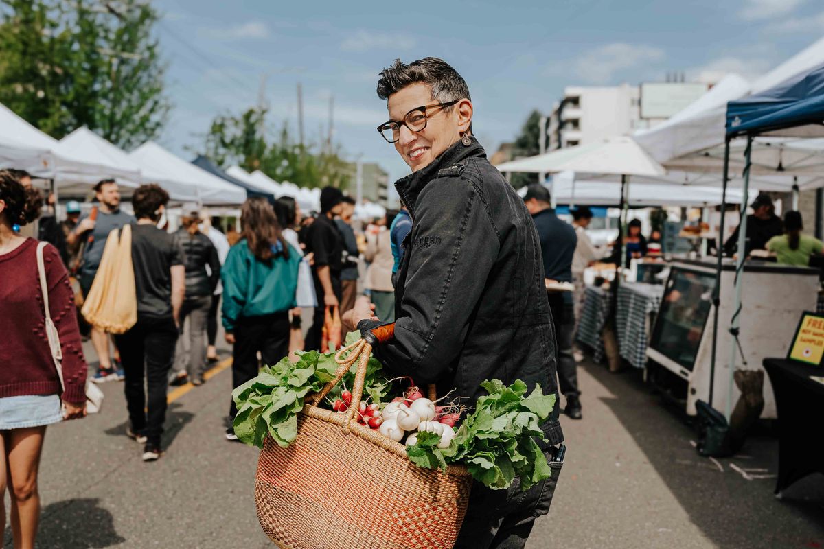 Becky Selengut at the University District Farmers Market in Seattle.  (Eli Lu/For The Washington Post)