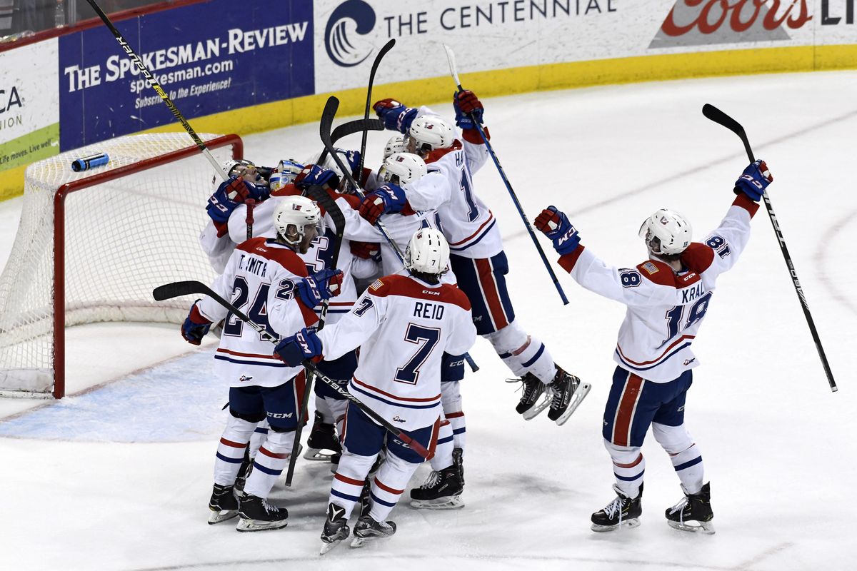 The Spokane chiefs celebrate their 3-1 victory over the Everett Silvertips during an WHL playoff game, Wed., April 10, 2019, in the Spokane Arena. . (Colin Mulvany / The Spokesman-Review)