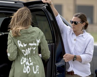 First Lady Melania Trump walks to her vehicle as she arrives at Andrews Air Force Base, Maryland, on Thursday after visiting the Upbring New Hope Children Center run by the Lutheran Social Services of the South in McAllen, Texas. (Andrew Harnik / Associated Press)