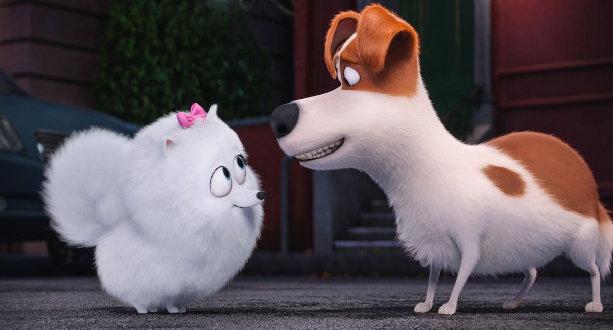 In this image released by Universal Pictures, Gidget, voiced by Jenny Slate, left, and Max, voiced by Louis C.K., appear in a scene from, "The Secret Lives of Pets." (Illumination Entertainment and Universal Pictures via AP)