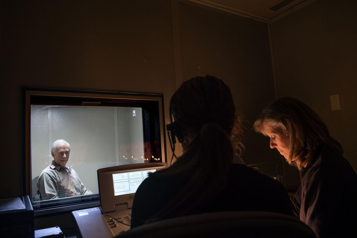 Audiologist Barbara Peregoy, far right along with WSU student Megan Moore conduct a hearing test on Dale Fowler at University Speech and Hearing Clinic at EWU in Spokane on Tuesday, October 25, 2016. KATHY PLONKA kathypl@spokesman.com (Kathy Plonka / The Spokesman-Review)