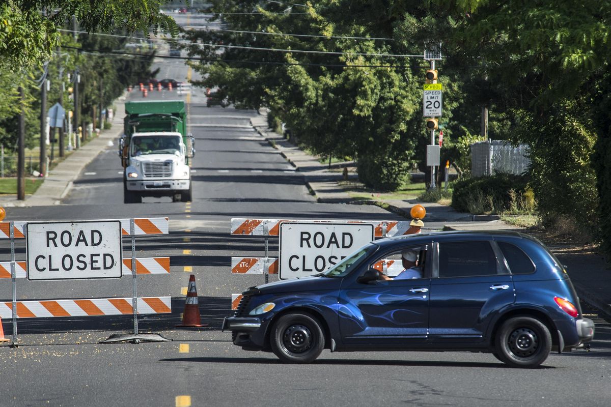 Motorists find McDonald Road closed at 9th Avenue in Spokane Valley for construction on Tuesday. (Dan Pelle / The Spokesman-Review)