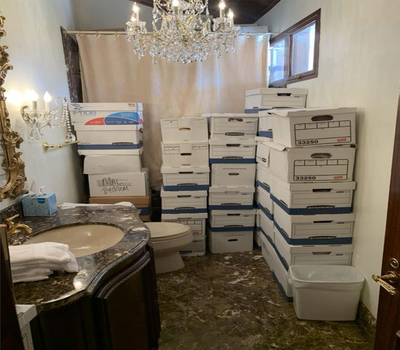 A photo included in the Justice Department’s indictment of former President Donald Trump released June 8, 2023, show boxes of classified documents stored in a bathroom at Trump’s Mar-a-Lago resort in Florida.  (Via U.S. Department of Justice)