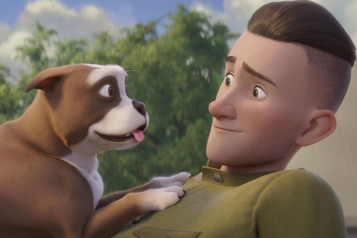 This image released by Fun Academy Motion Pictures Media Group shows a scene from the animated movie “Sgt. Stubby: An American Hero.” The film depicts the famous war dog and the soldier who adopted him, J. Robert Conroy. Conroy’s grandson is hoping the film, which opens on April 13, 2018, will help him raise money for a bronze statue of the dog. (Fun Academy Motion Pictures Media Group via Associated Press)