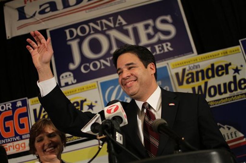 Raul Labrador, Republican candidate for Idaho's 1st congressional district, waves to the crowd at the Idaho Republican election night headquarters on Wednesday, Nov. 3, 2010 in Boise, Idaho. (AP Photo/Idaho Press-Tribune / Charlie Litchfield)