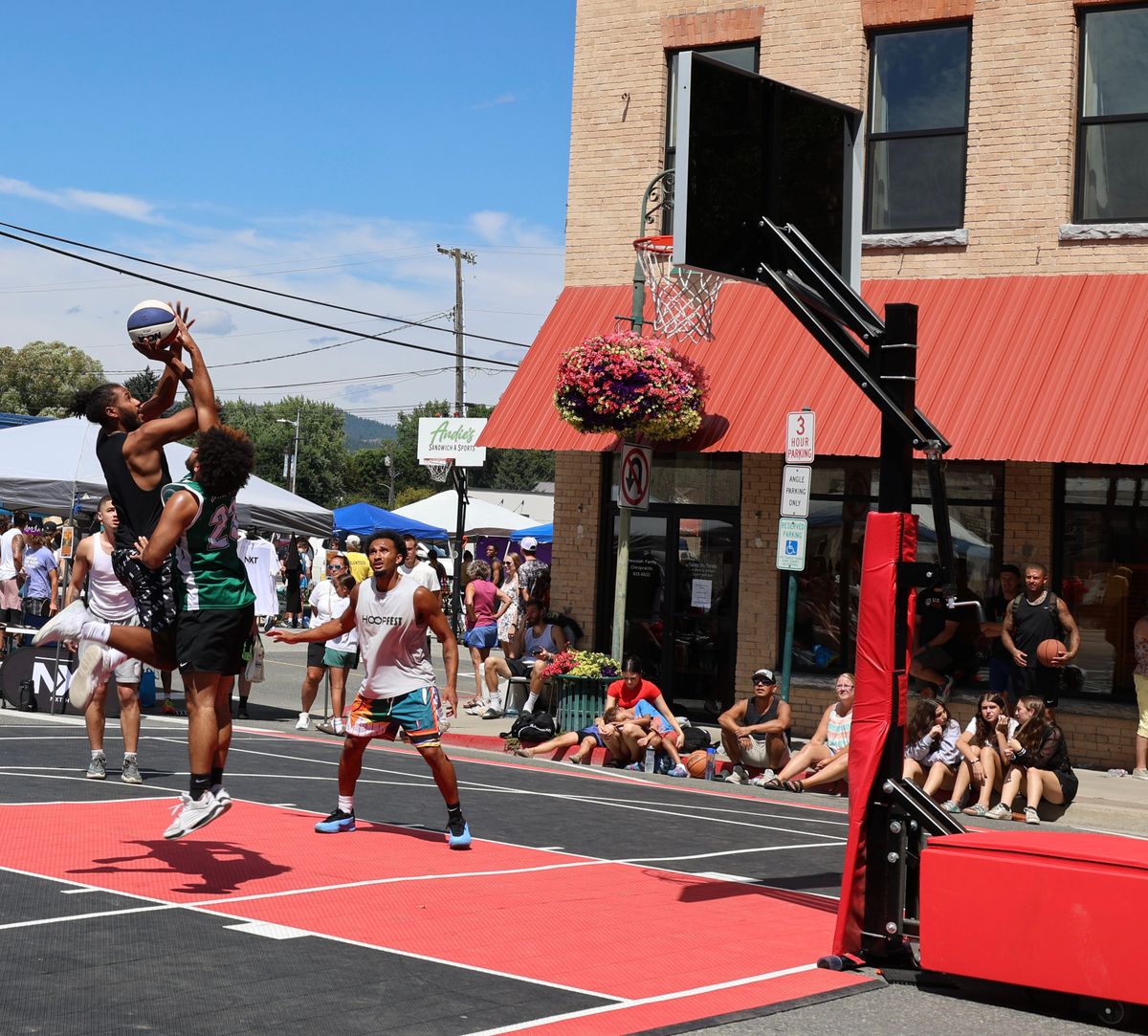 A player on the elite court pulls up for a jump shot over a defender during this year’s Courtzite on Saturday in Chewelah, Wash.  (By Mathew Callaghan / The Spokesman-Review)