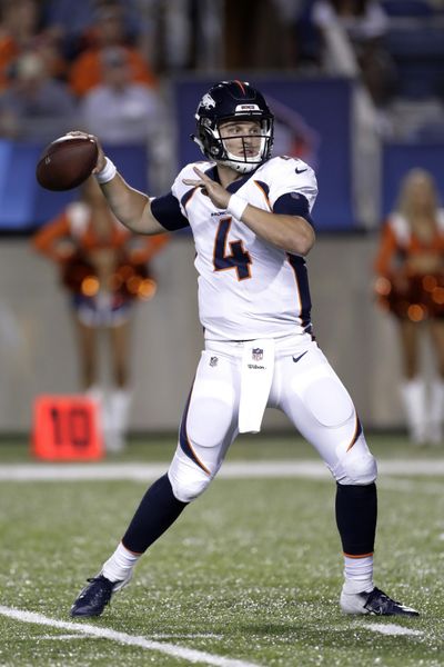 Denver Broncos quarterback Brett Rypien throws a pass during the second half of the team’s Pro Football Hall of Fame NFL preseason game against the Atlanta Falcons, Thursday, Aug. 1, 2019, in Canton, Ohio. (Ron Schwane / Associated Press)