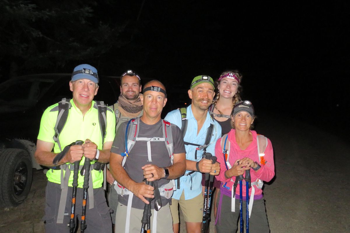 Jeff Beeman, left, Alex Shaw, Ken Emerson, Landon Otis, Audrey Shaw and Kelly Emerson pose for a photo on July 29 before starting a 26-mile hike. (Don Otis / Courtesy)