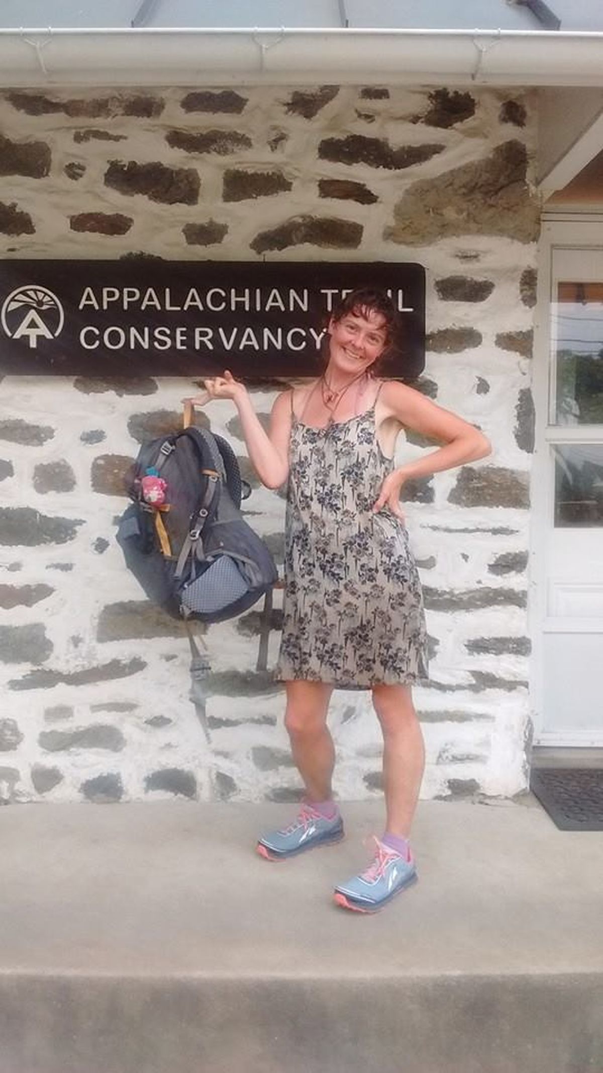 Heather Anderson, trail name Anish, poses in front of the Appalachian Trail headquarters in Harper’s Ferry, W.V, halfway through her effort before setting an unsupported backpacking speed record for the Maine-to-Georgia route on Sept. 24, 2015. (Courtesy)