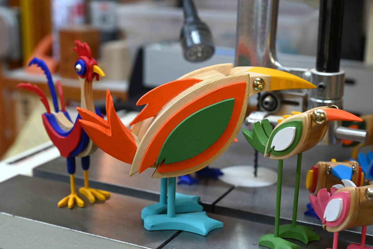 Lawrence Killingsworth makes whimsical wooden birds in his basement wood shop and gives most of them away. Photographed Tuesday, Sept. 14, 2021.  (Jesse Tinsley/THE SPOKESMAN-REVI)