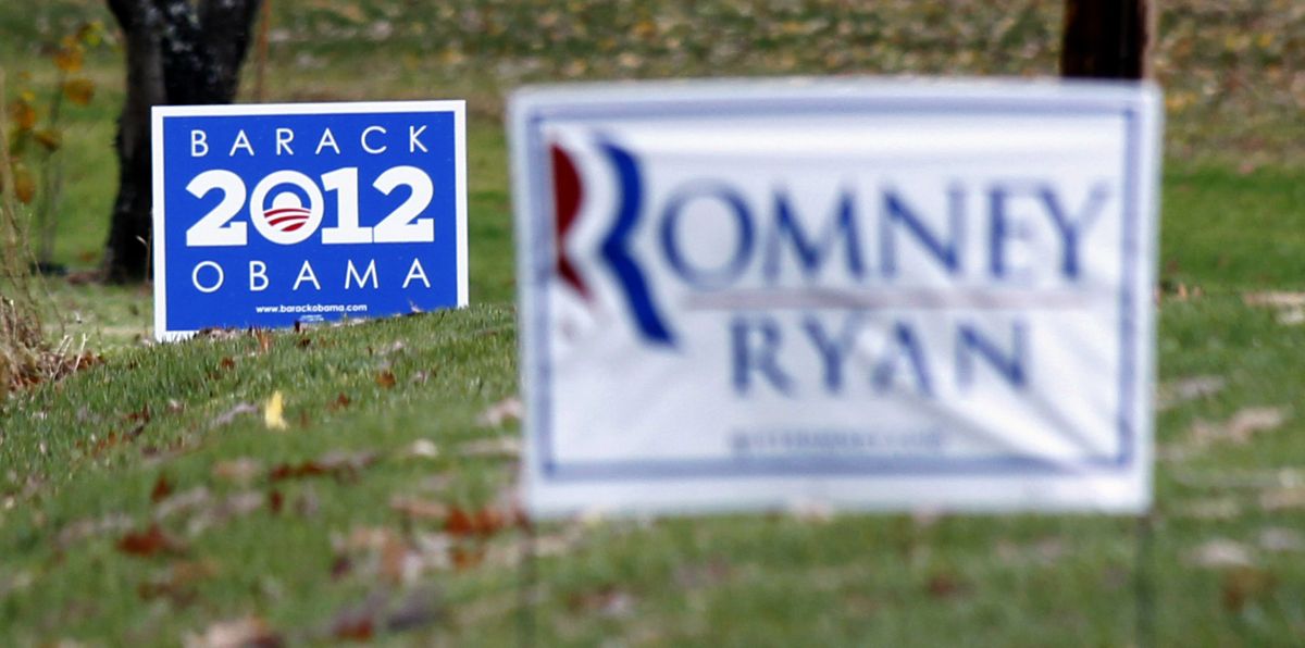 Campaign signs for both President Barack Obama, and his challenger, Republican presidential candidate, former Massachusetts Gov. Mitt Romney are seen in yards outside Evans City, Pa., Friday, Nov. 2, 2012. In the final days of the presidential campaign, Romney is making a concerted push into Pennsylvania, aided by outside political groups that are spending millions in last minute ads in the state to help erode Obama�s 2008 support. Polling shows Obama holding on to a 4 or 5 percentage point lead over Romney, but the trend has been in Romney�s favor. (Keith Srakocic / Associated Press)