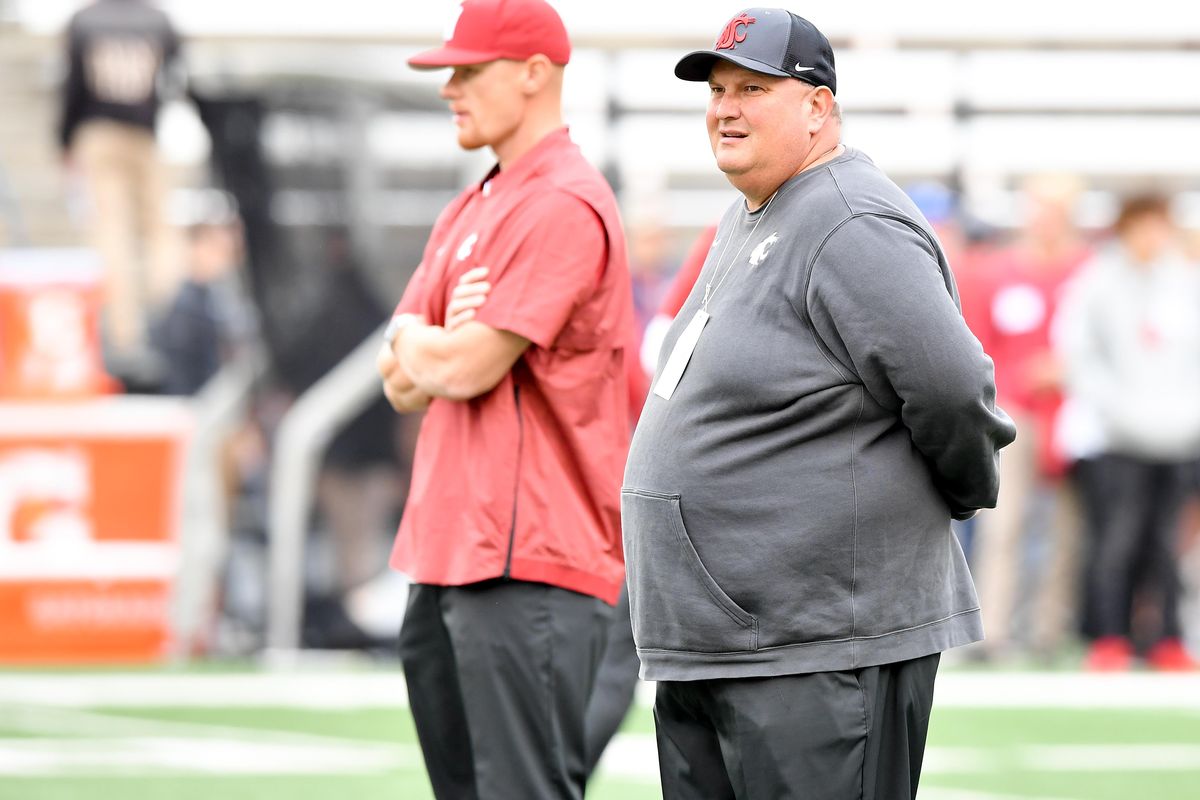 WSU defensive coordinator Tracy Claeys watches Eastern warm up before the first half of a college football game on Saturday, September 15, 2018, at Martin Stadium in Pullman, Wash. (Tyler Tjomsland / The Spokesman-Review)