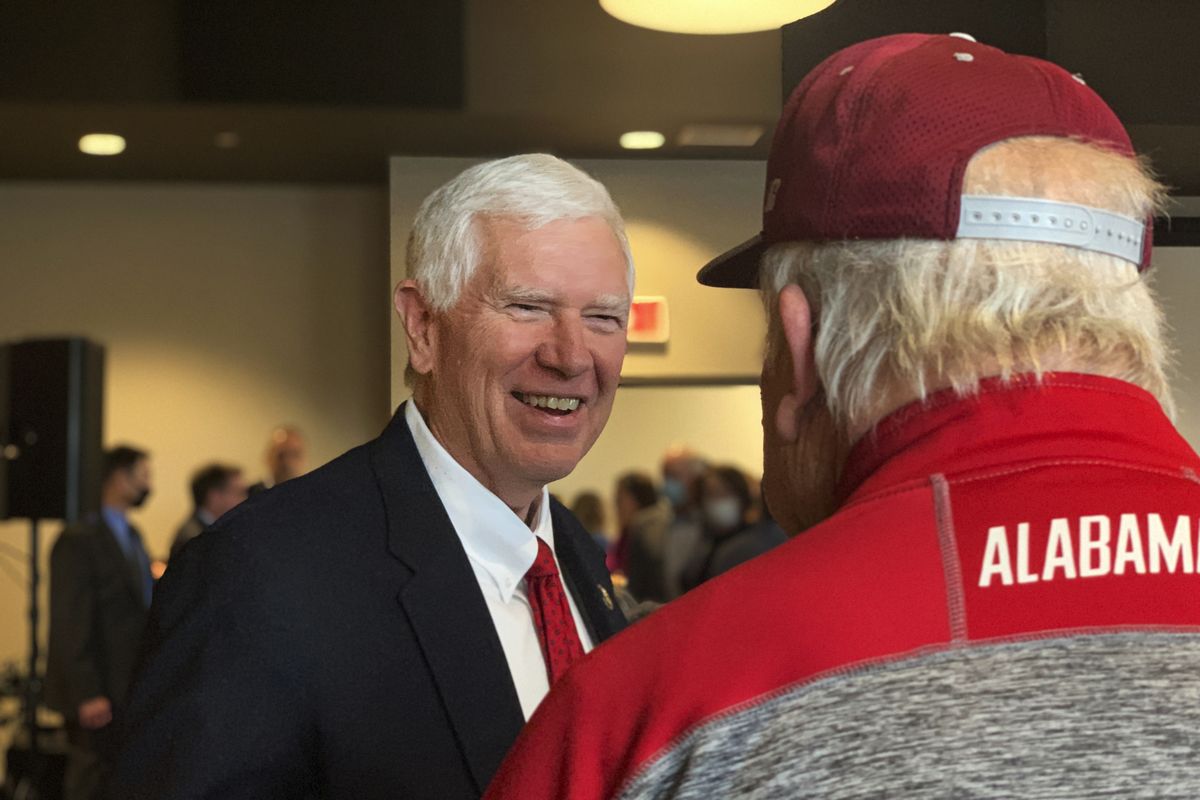 U.S. Rep. Mo Brooks greets supporters as he announces his campaign for U.S. Senate during a rally, Monday, March 22, 2021, in Huntsville, Ala.  (Kim Chandler)