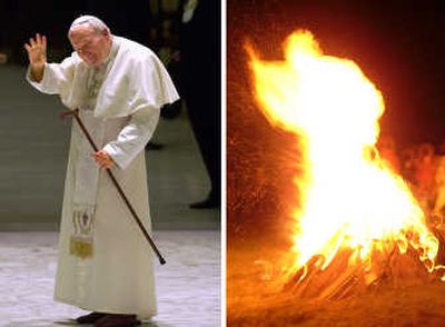 
A composite image shows, at right, a bonfire that Poles think resembles the silhouette of the late Pope John Paul II. Associated Press
 (Associated Press / The Spokesman-Review)