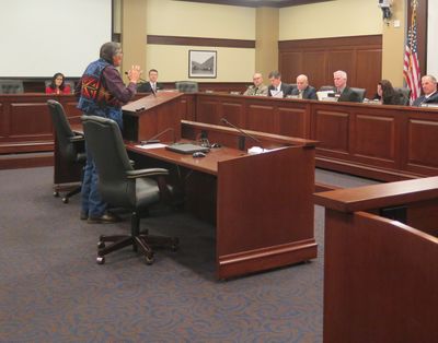 Nathan Small, a longtime member of the Fort Hall Business Council, addresses the House State Affairs Committee on Tuesday, Feb. 21, 2017 (Betsy Z. Russell)