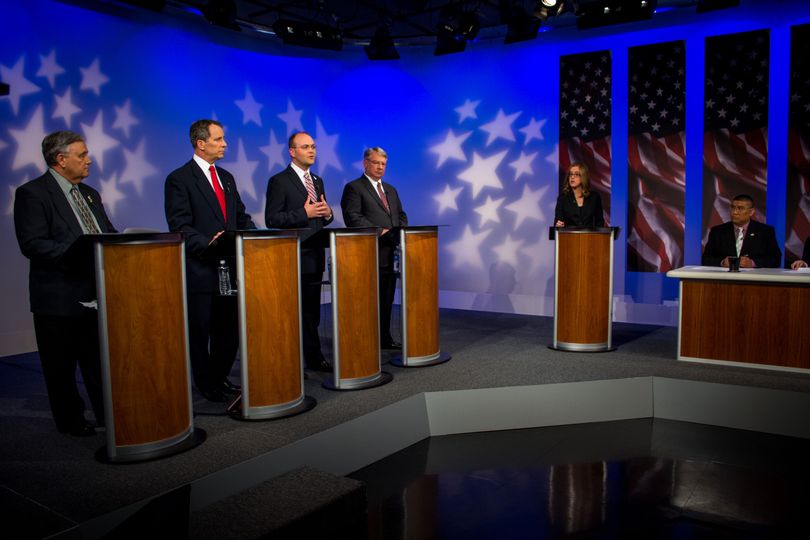 Phil McGrane, third from left, speaks during a debate among the four GOP candidates for Idaho Secretary of State on Idaho Public Television (Idaho Public TV)